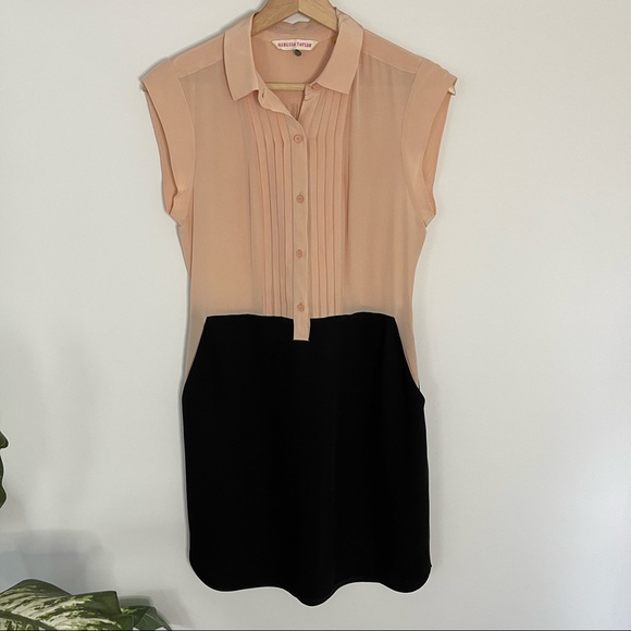 Rebecca Taylor 100% Silk Colorblock Shirtdress 4 Blush/Black - Picture 2 of 9